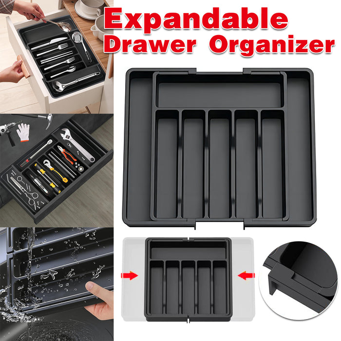 Expandable Cutlery Organiser Tray with Adjustable Width in Black