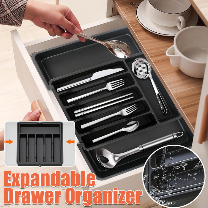 Expandable Cutlery Organiser Tray with Adjustable Width in Black