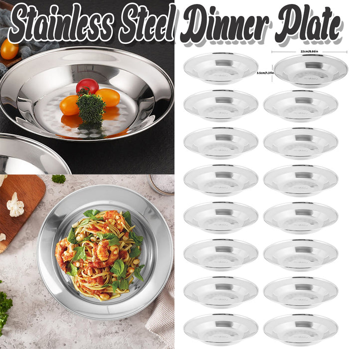 8 Pcs Stainless Steel Dinner Plates 22 cm Round Mirror-Polished Non-Slip