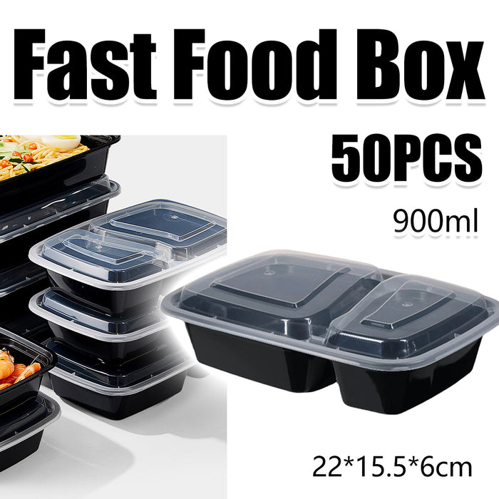50PCS Disposable Lunch Box 900ml Microwaveable 2 Compartment Meal Container