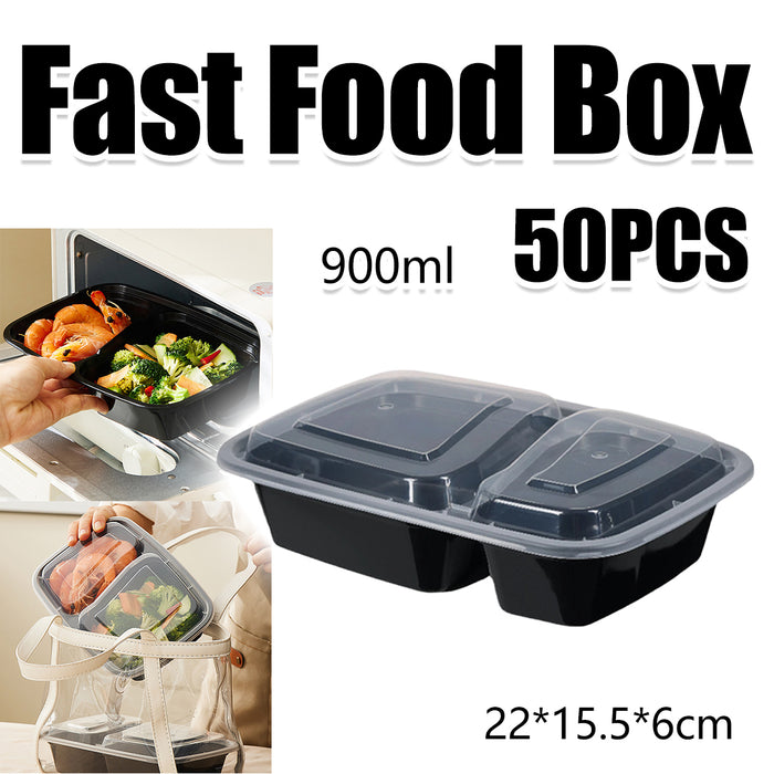 50PCS Disposable Lunch Box 900ml Microwaveable 2 Compartment Meal Container
