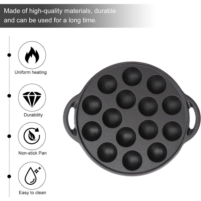 Cast Iron Takoyaki Pan 15 Holes Non-Coated for Octopus Balls and Croquettes
