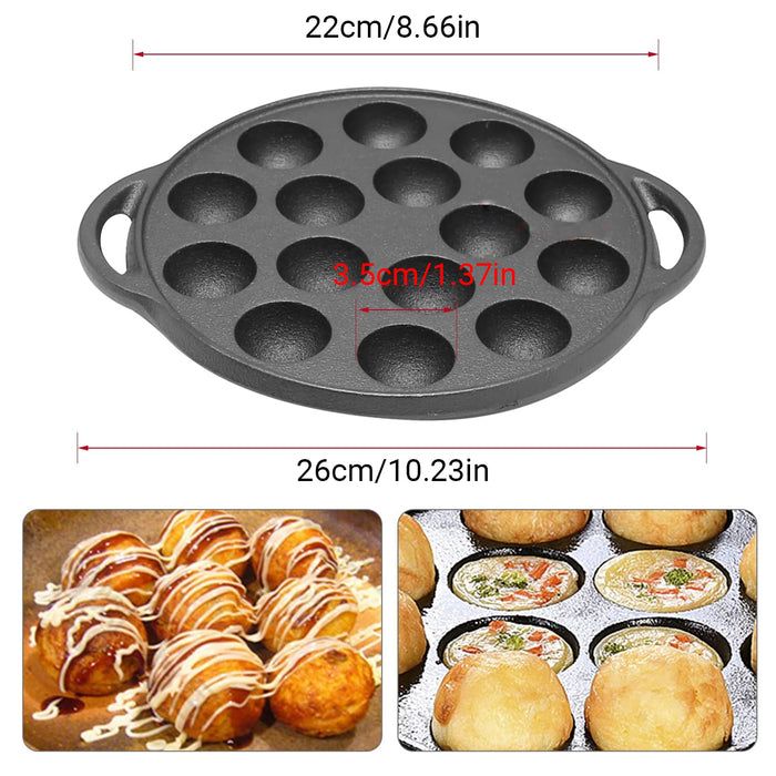 Cast Iron Takoyaki Pan 15 Holes Non-Coated for Octopus Balls and Croquettes