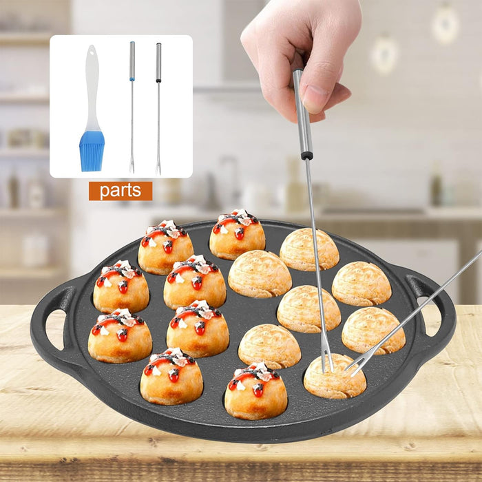 Cast Iron Takoyaki Pan 15 Holes Non-Coated for Octopus Balls and Croquettes