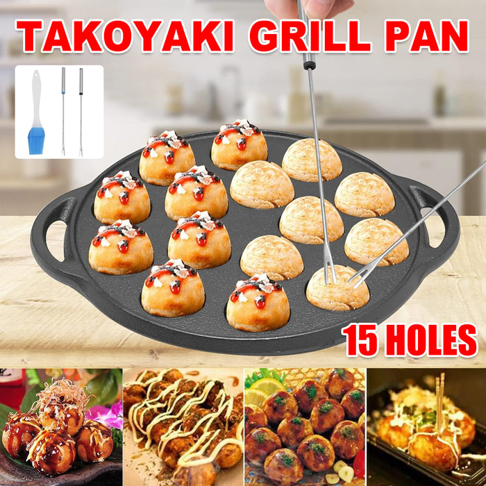 Cast Iron Takoyaki Pan 15 Holes Non-Coated for Octopus Balls and Croquettes