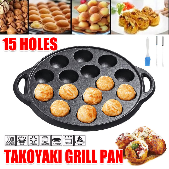 Cast Iron Takoyaki Pan 15 Holes Non-Coated for Octopus Balls and Croquettes