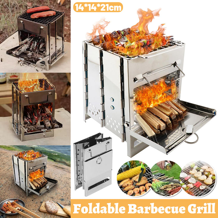 Foldable Stainless Steel BBQ Grill Multi-Fuel Camping Stove 14 x 14 x 21 cm