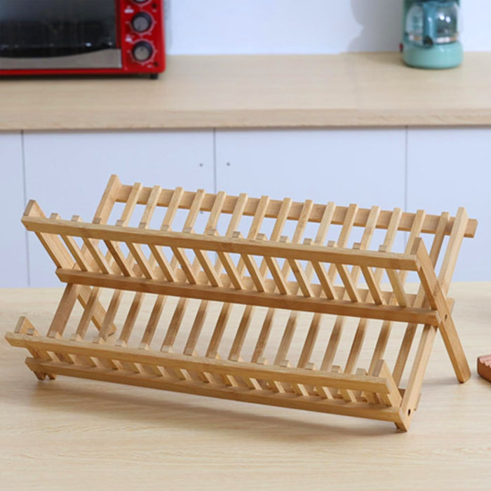 Bamboo 2-Tier Dish Drying Rack Foldable Ventilated Design