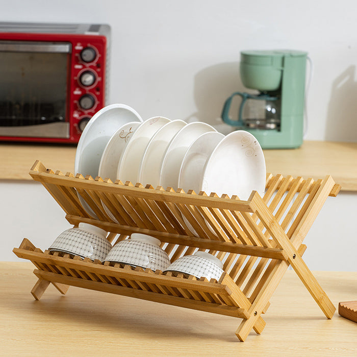 Bamboo 2-Tier Dish Drying Rack Foldable Ventilated Design