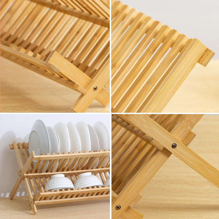 Bamboo 2-Tier Dish Drying Rack Foldable Ventilated Design