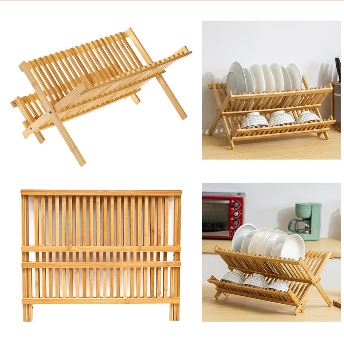 Bamboo 2-Tier Dish Drying Rack Foldable Ventilated Design