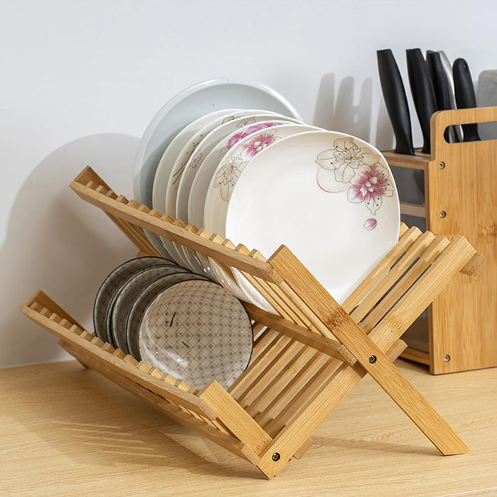 Bamboo 2-Tier Dish Drying Rack Foldable Ventilated Design