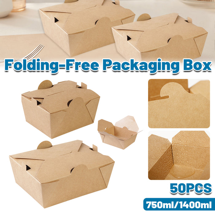 50PCS Disposable Kraft Paper Food Boxes, PE-Coated, Leak-Resistant, 750ml/1400ml