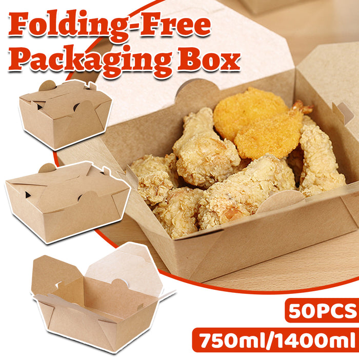 50PCS Disposable Kraft Paper Food Boxes, PE-Coated, Leak-Resistant, 750ml/1400ml