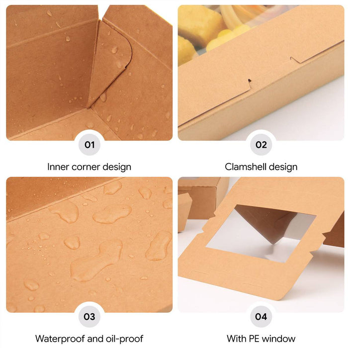 50 Pcs Kraft Paper Lunch Takeaway Boxes with Single Window 700ml or 900ml