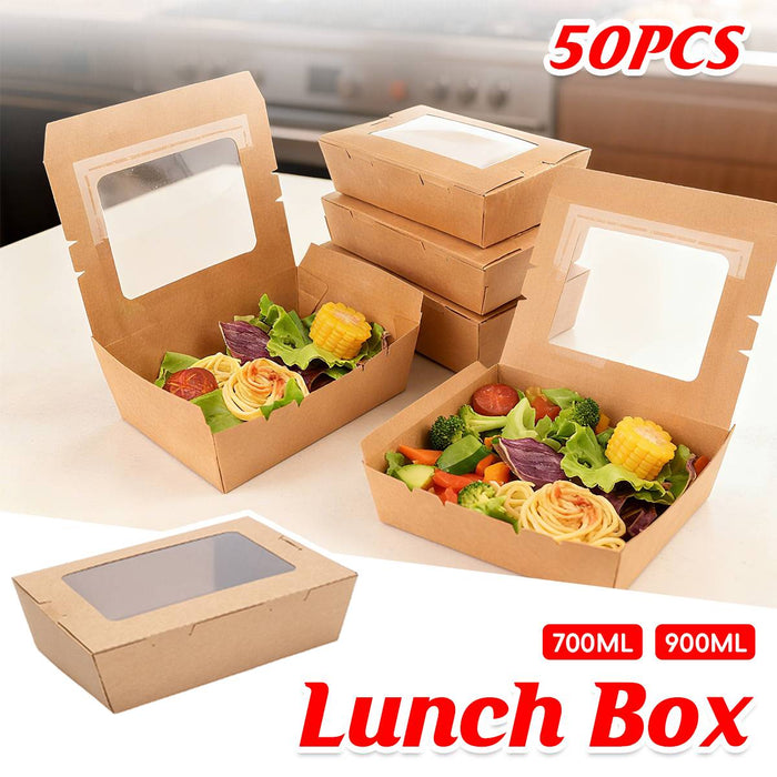 50 Pcs Kraft Paper Lunch Takeaway Boxes with Single Window 700ml or 900ml