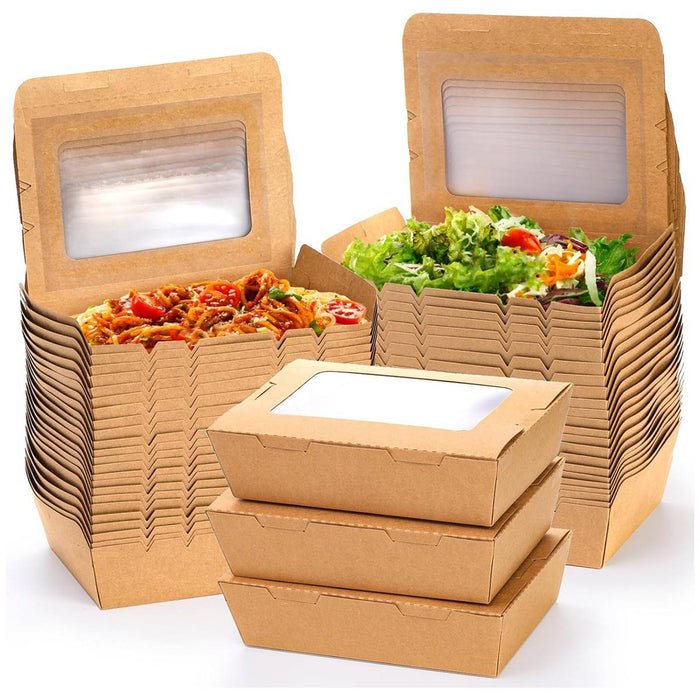 50 Pcs Kraft Paper Lunch Takeaway Boxes with Single Window 700ml or 900ml