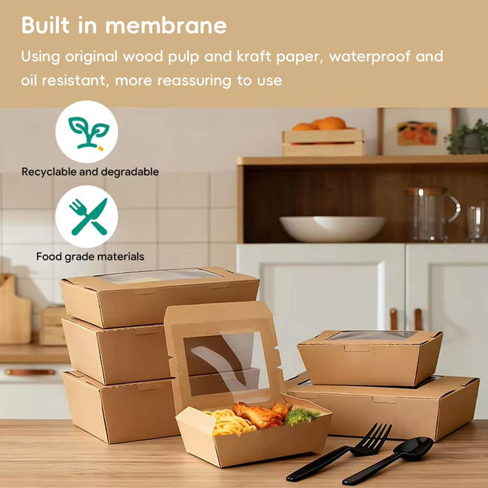 50 Pcs Kraft Paper Lunch Takeaway Boxes with Single Window 700ml or 900ml