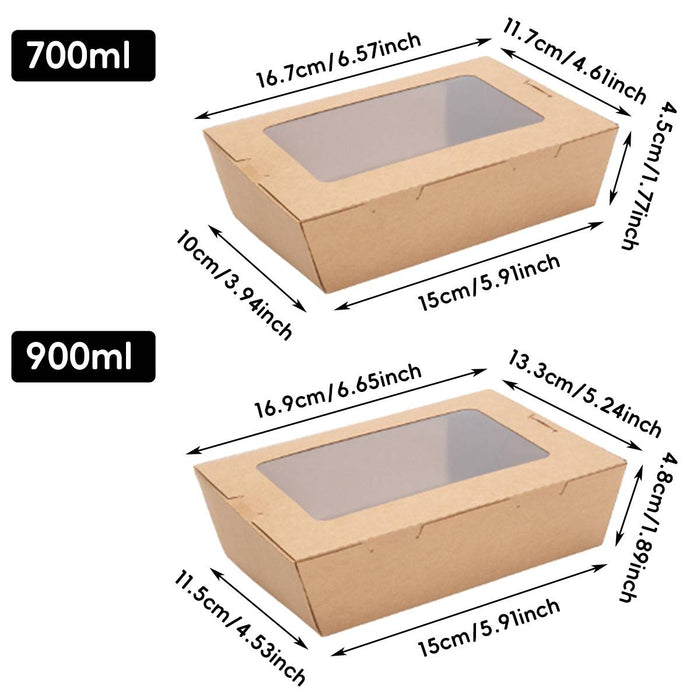 50 Pcs Kraft Paper Lunch Takeaway Boxes with Single Window 700ml or 900ml