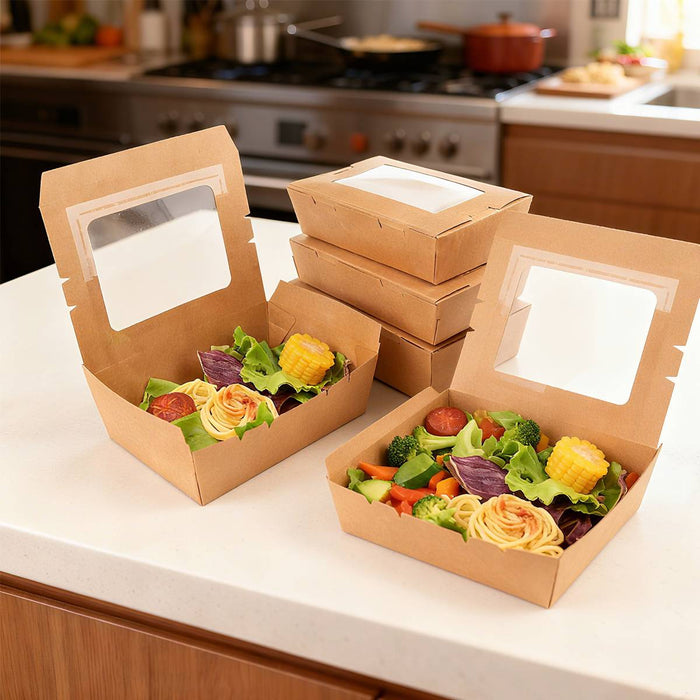 50 Pcs Kraft Paper Lunch Takeaway Boxes with Single Window 700ml or 900ml