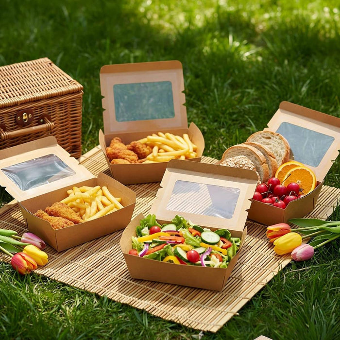 50 Pcs Kraft Paper Lunch Takeaway Boxes with Single Window 700ml or 900ml