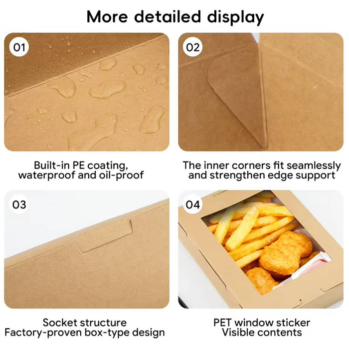 50 Pcs Kraft Paper Lunch Takeaway Boxes with Single Window 700ml or 900ml