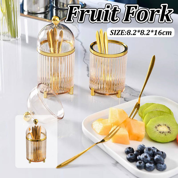 10 Pcs Stainless Steel Fruit Forks with Storage Bucket Fork 12.5 cm Bucket 8.2 x 16 cm