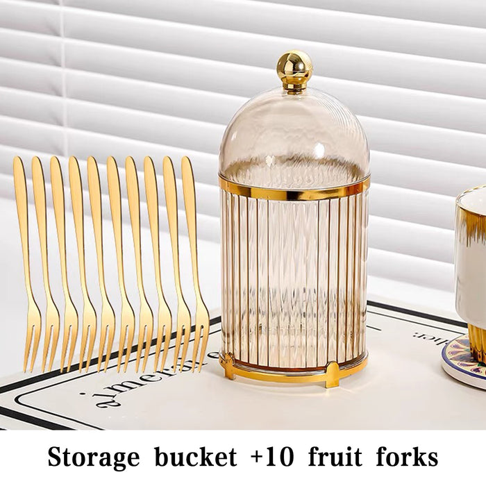 10 Pcs Stainless Steel Fruit Forks with Storage Bucket Fork 12.5 cm Bucket 8.2 x 16 cm