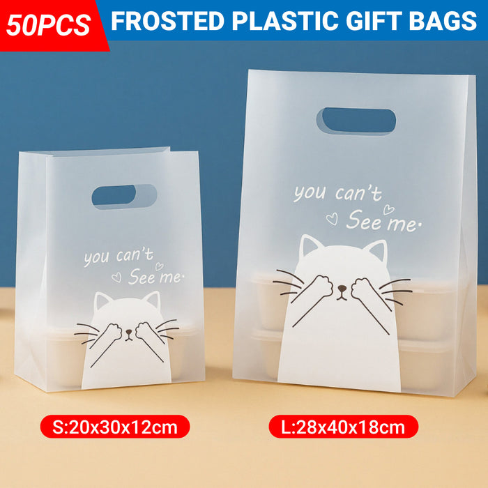 50 Pcs Frosted Plastic Gift Bags with Cat Print Reusable for Party and Wedding