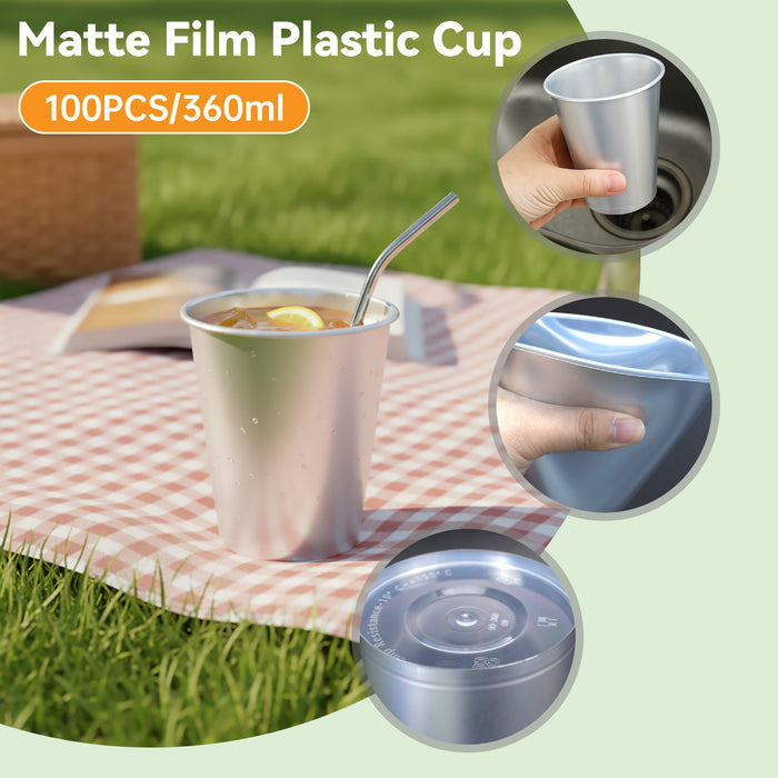 100 Pcs Matte Silver PP Plastic Cups 360ml with Thick Base