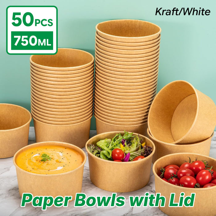 50 Pcs Disposable Paper Bowls 750ml With Lids for Takeout