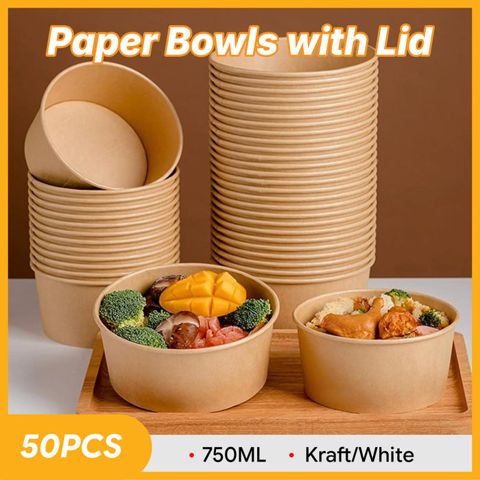 50 Pcs Disposable Paper Bowls 750ml With Lids for Takeout