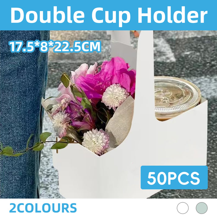 50 Pcs Handheld Double Cup Holder Sturdy Foldable Paperboard