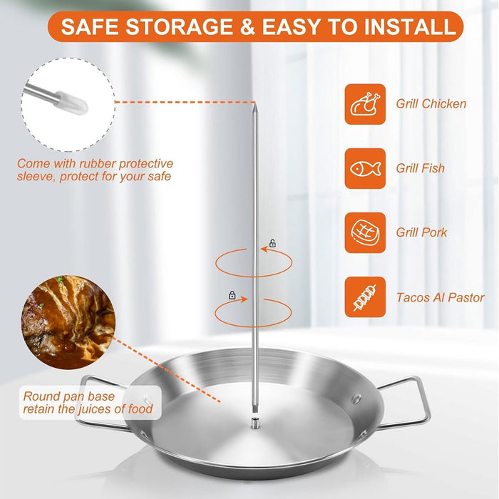 BBQ Rotisserie Pan Kit Stainless Steel with 3 Skewers