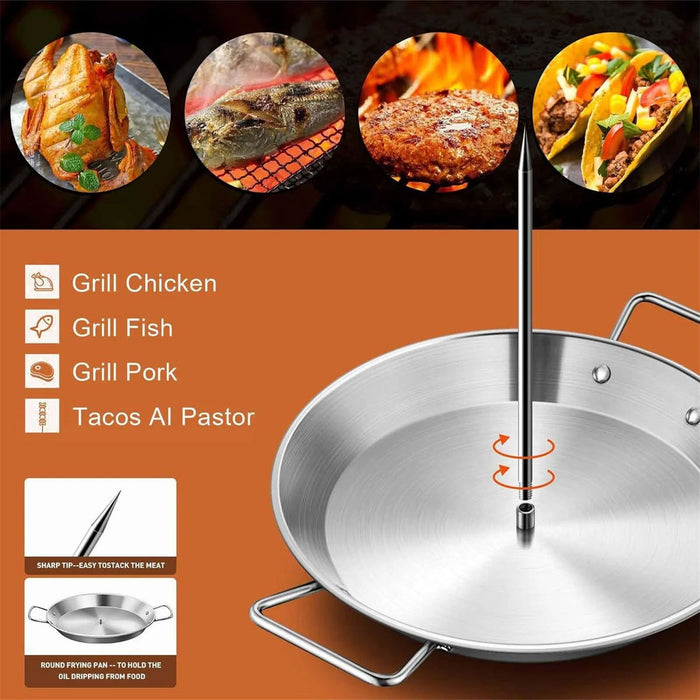 BBQ Rotisserie Pan Kit Stainless Steel with 3 Skewers