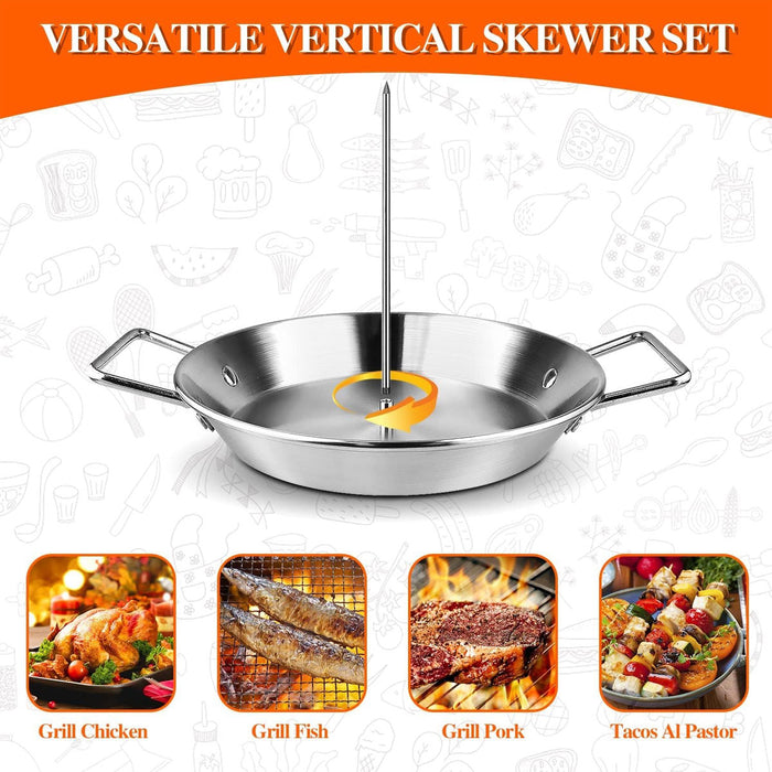 BBQ Rotisserie Pan Kit Stainless Steel with 3 Skewers