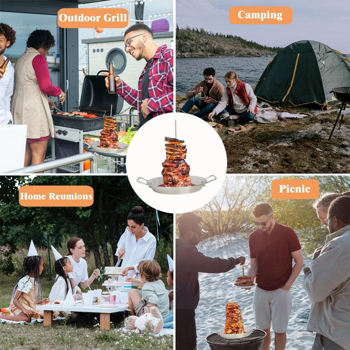 BBQ Rotisserie Pan Kit Stainless Steel with 3 Skewers