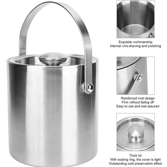 1.6L 3L Stainless Steel Ice Bucket with Handle and Lid