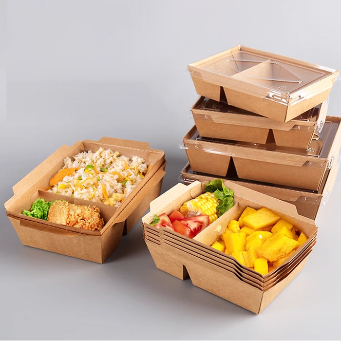 200Pcs Brown Kraft Paper Lunch Boxes with PET Lid Leakproof Compostable