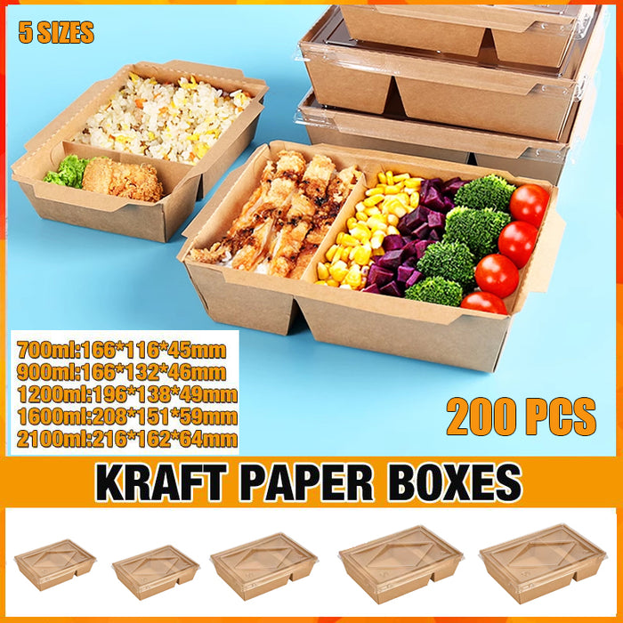 200Pcs Brown Kraft Paper Lunch Boxes with PET Lid Leakproof Compostable