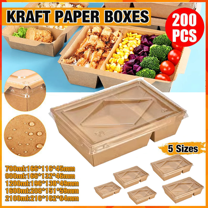 200Pcs Brown Kraft Paper Lunch Boxes with PET Lid Leakproof Compostable