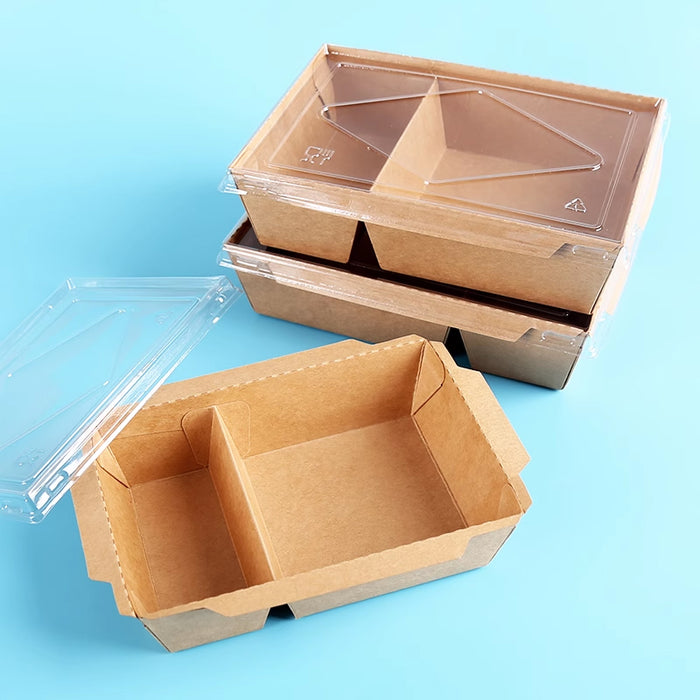 200Pcs Brown Kraft Paper Lunch Boxes with PET Lid Leakproof Compostable