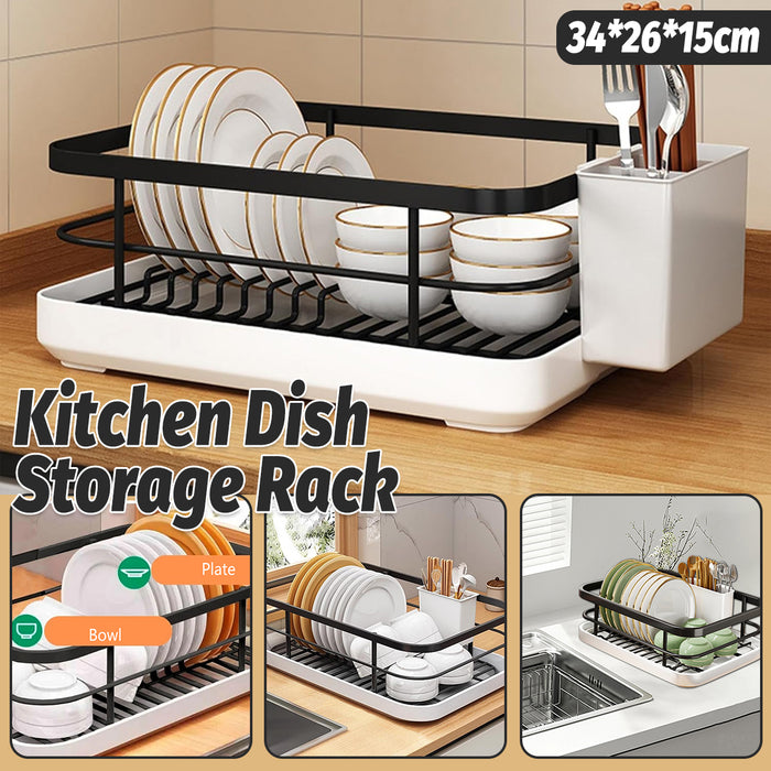 Kitchen Dish Drying Rack With Drainage Tube Tray Black