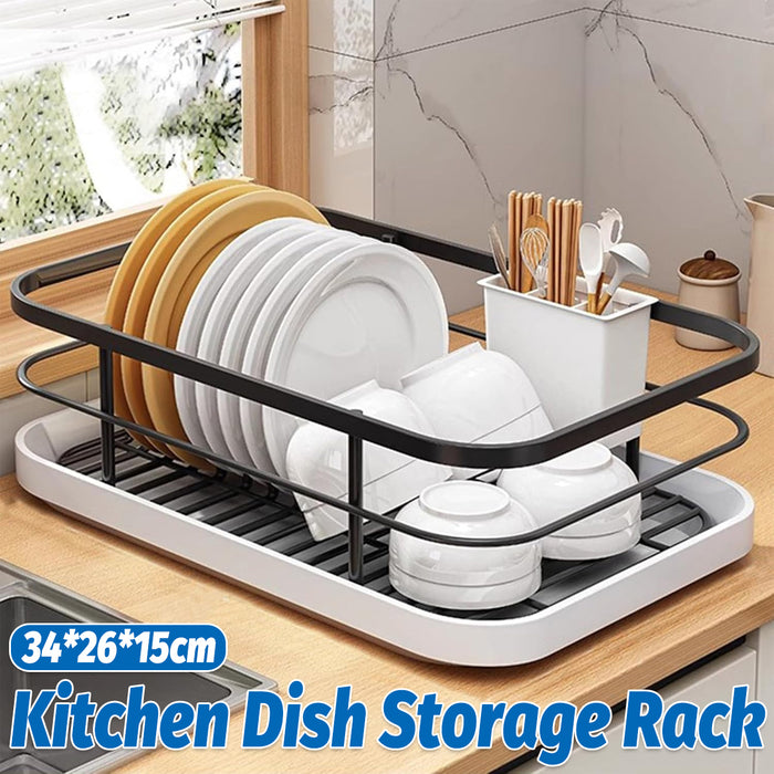 Kitchen Dish Drying Rack With Drainage Tube Tray Black