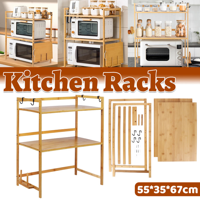 Expandable Microwave Rack Shelf Adjustable Bamboo With Hooks