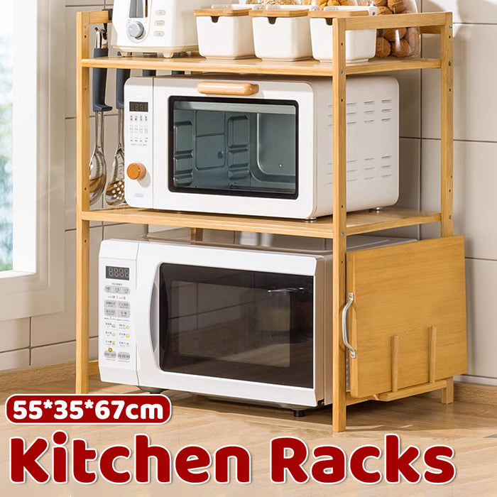 Expandable Microwave Rack Shelf Adjustable Bamboo With Hooks