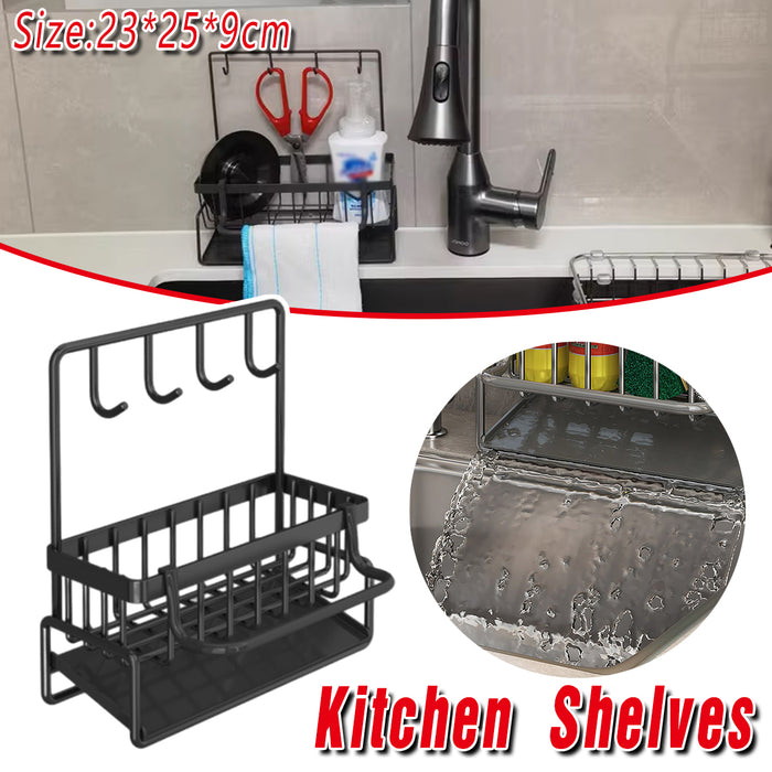 Wall Mounted Sponge Holder With Hooks Rust Proof Black