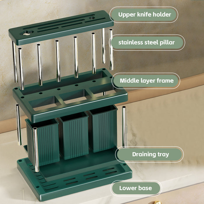 Kitchen Knife Block Holder with Drip Tray PP Stainless Steel