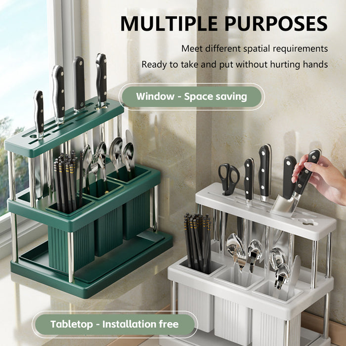 Kitchen Knife Block Holder with Drip Tray PP Stainless Steel
