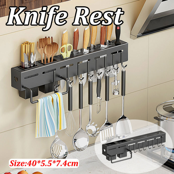 Wall-Mounted Utensil Rack with Punch-Free Adhesive Black